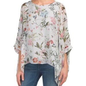 Elena Baldi White Floral Print Italian Silk Sheer Blouse Dolman Sleeve Size 3X